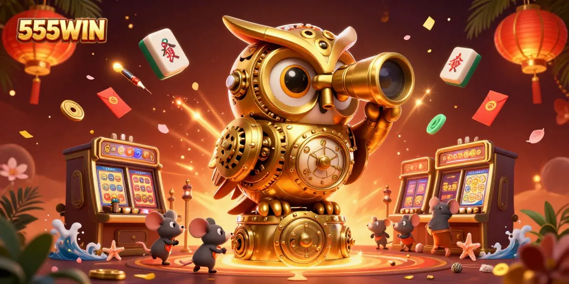 Engage with 555WIN's vibrant casino world featuring a golden owl and whimsical mice in action.