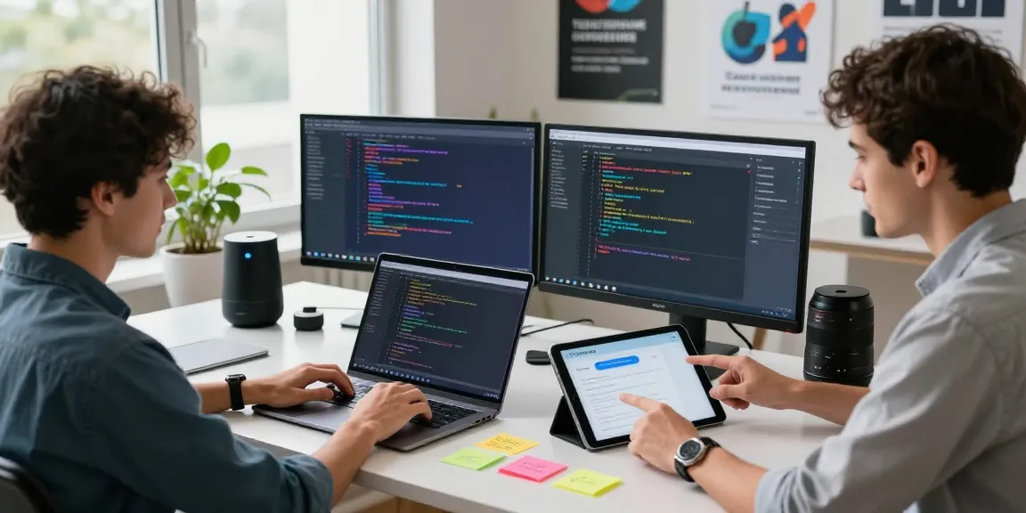 Download Telegram on a developer's laptop during a collaborative tech workspace session with a digital tablet displaying Telegram's interface.