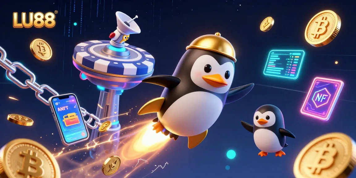 Engage with LU88, where a golden penguin races toward a vibrant casino ceiling filled with crypto coins.
