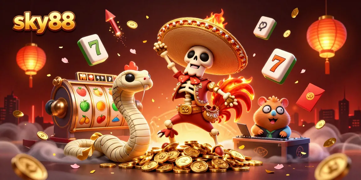 Sky88 slot reels and characters celebrate with golden coins and vibrant decorations in this lively casino scene.