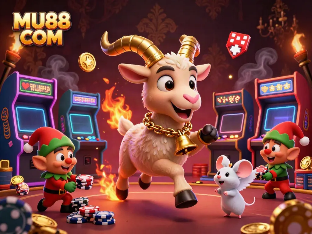 Engage in thrilling casino games at MU88 COM with festive characters in a vibrant, colorful scene.