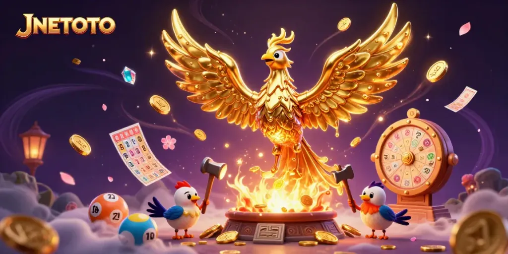 Experience thrilling winnings at JNETOTO with an artistic portrayal of a golden phoenix emerging from a forge.