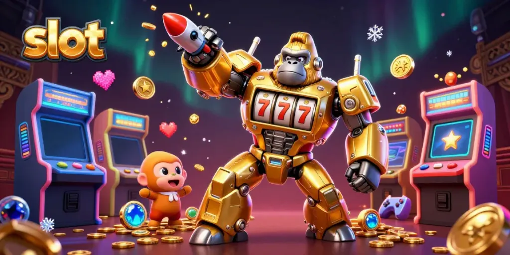 Engage with interactive slot games featuring a golden mech and a vibrant casino environment.