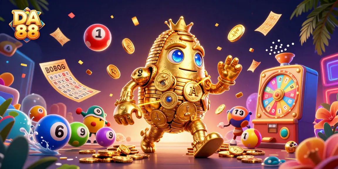 Engage with DA 88 through a vibrant casino scene featuring a golden golem and lottery elements.