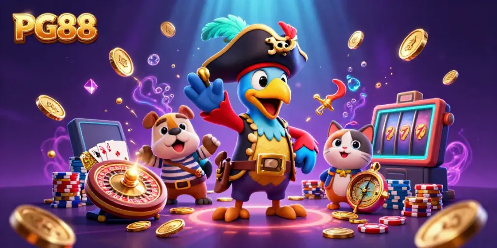 Engage with PG88's dynamic online casino experience featuring a playful pirate captain and colorful casino elements.