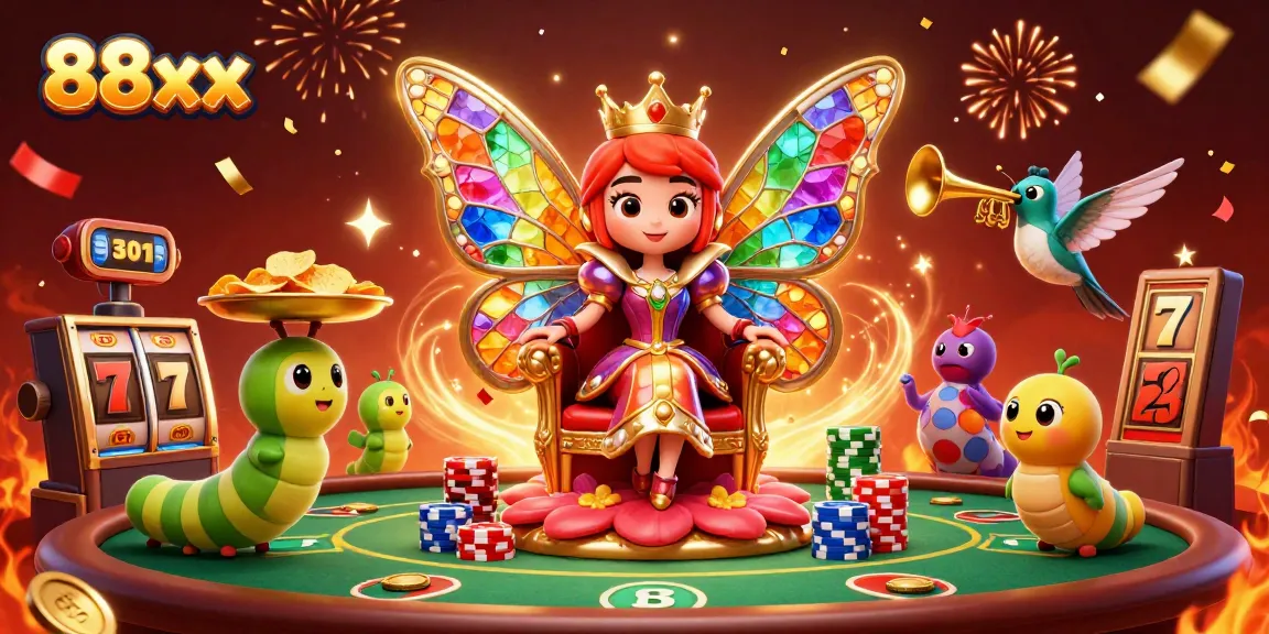 Experience thrilling action at 88xx with a vibrant casino scene featuring jackpot symbols and a butterfly queen.