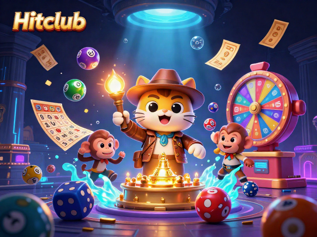 Spin winnings at Hitclub with a whimsical cat archaeologist and monkey amid excitement!