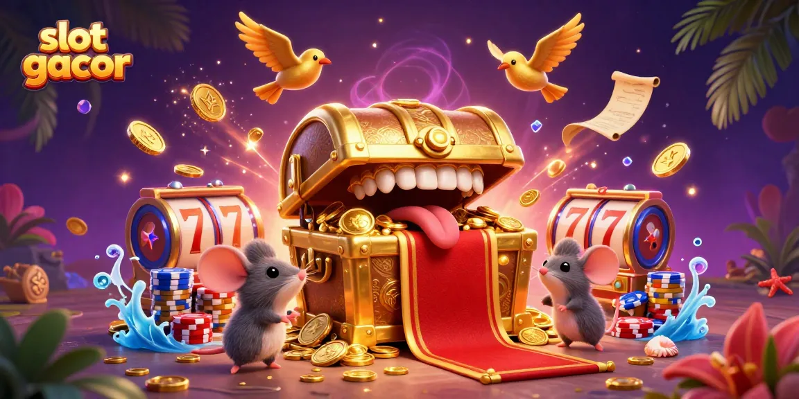 Play thrilling slot gacor games with stunning treasures and joyful mice in a vibrant casino scene.