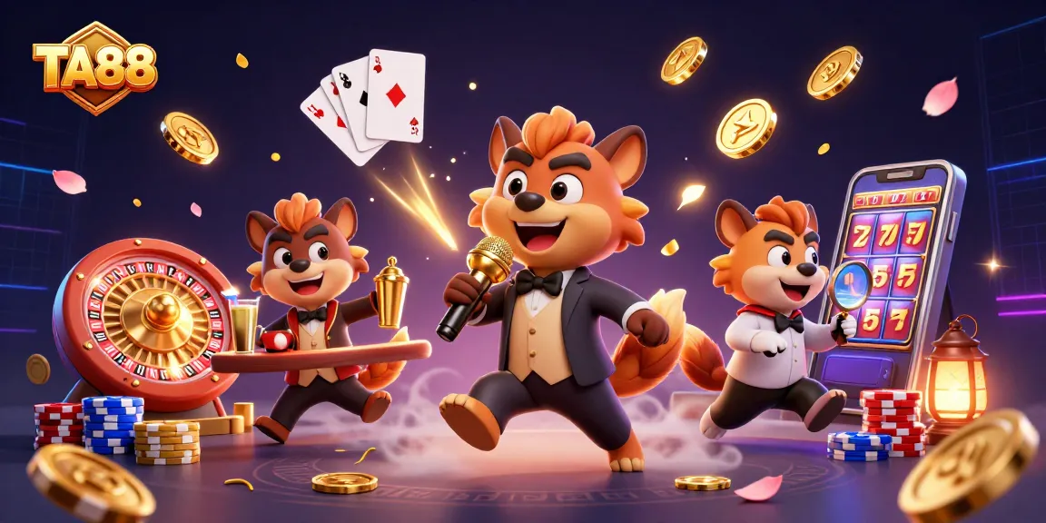 Experience the thrilling atmosphere of TA88 casino with animated hyenas in a vibrant 3D illustration.