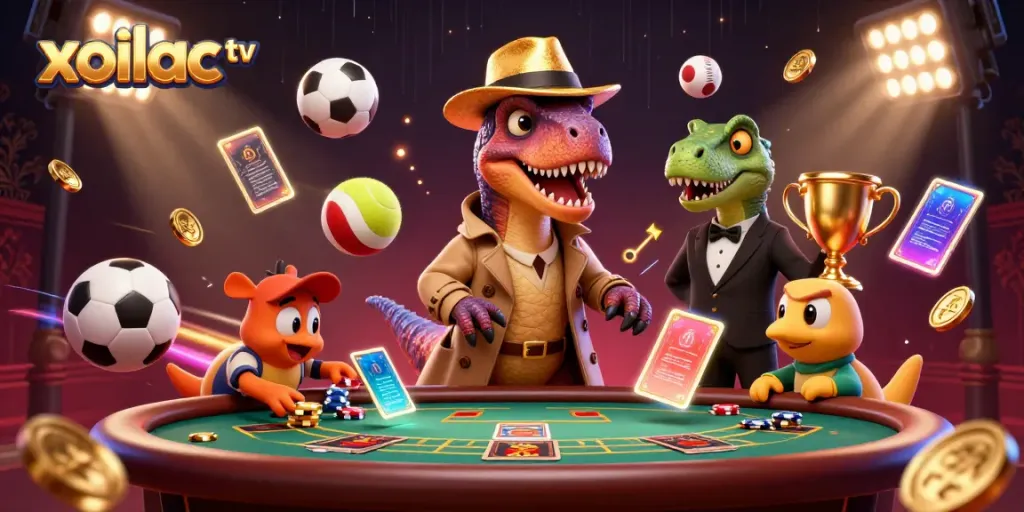 Xoilac TV gaming scene featuring a velociraptor card counter at a blackjack table with interactive sports elements.