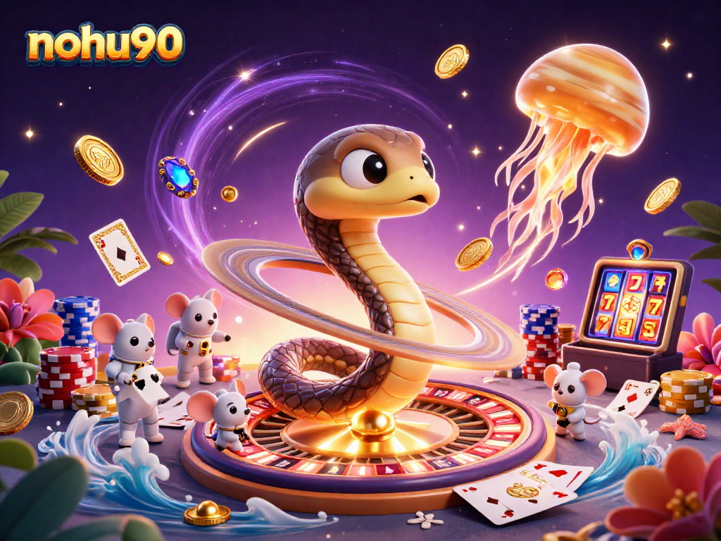 Join the cosmic betting frenzy with nohu90 as astronaut mice spin the roulette wheel in this vibrant 3D scene.