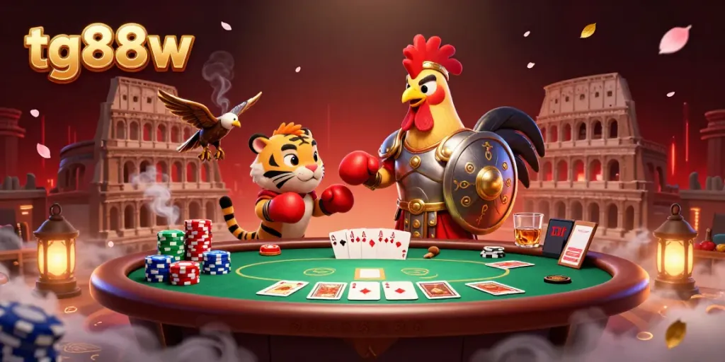 Engage in thrilling gameplay at tg88w with a vibrant 3D illustration showcasing poker elements and unique characters.
