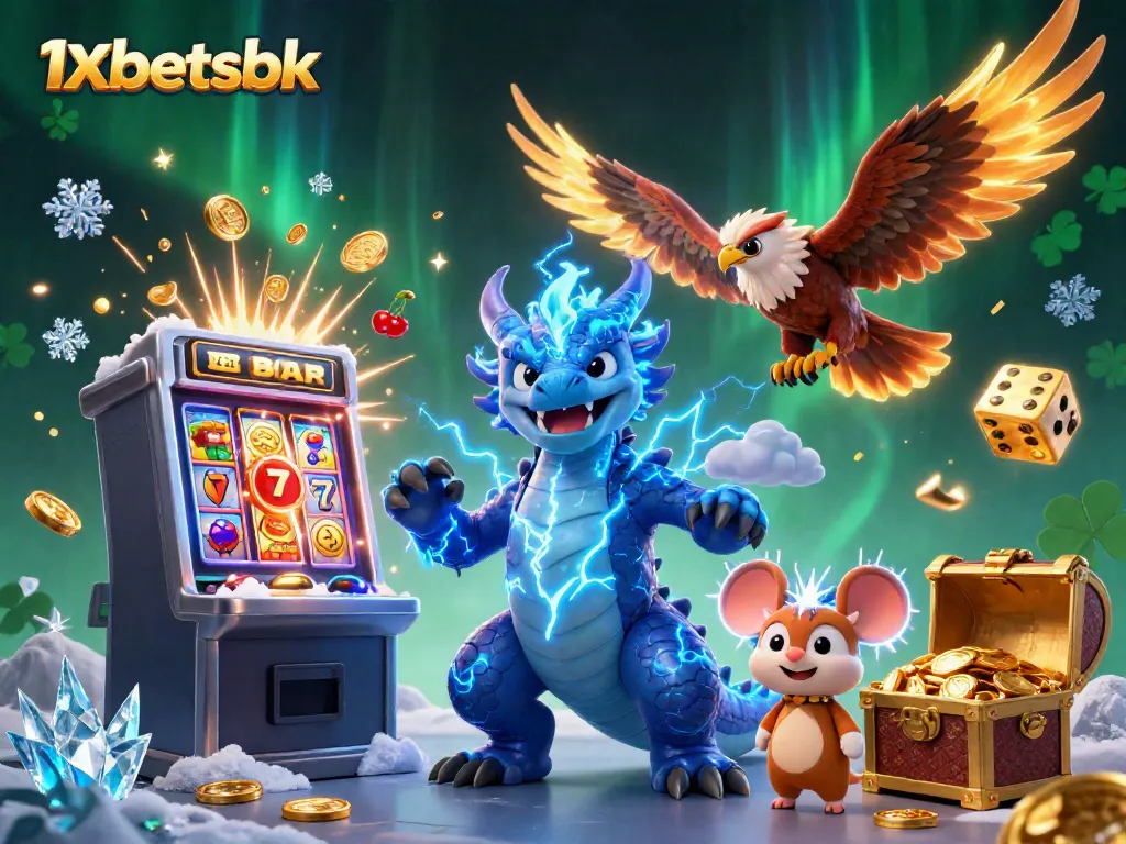 Experience thrilling gaming action with 1xbetsbk in this vibrant casino-themed illustration featuring iconic slot symbols and dynamic characters.