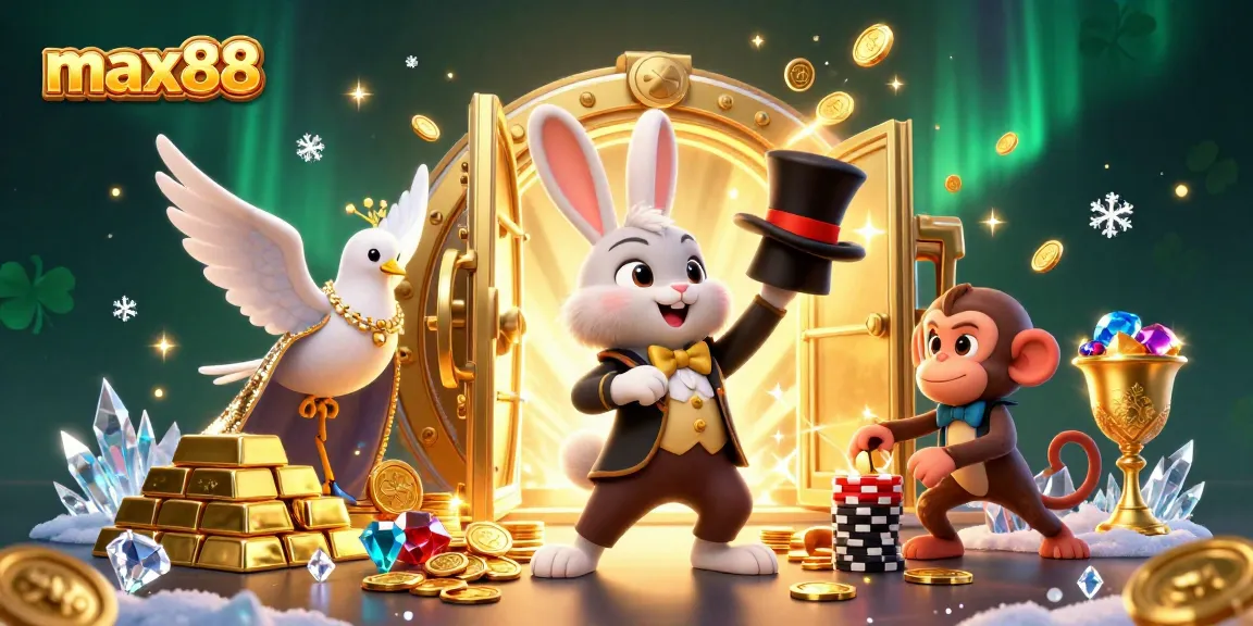 Engage with max88's vibrant casino world as a magician rabbit draws golden coins amidst sparkling elements.