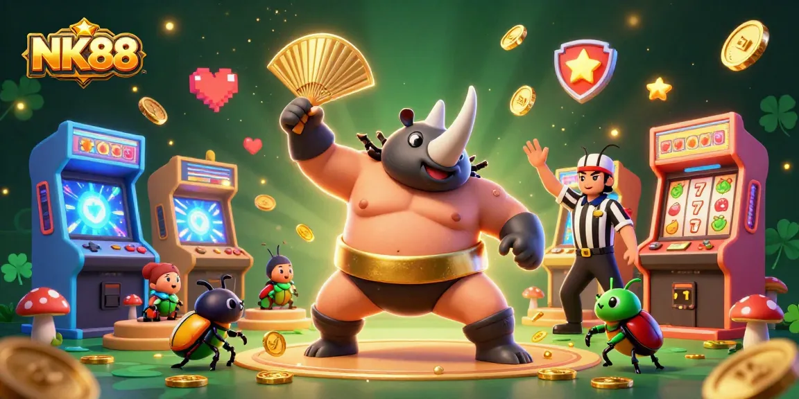 Experience thrilling gameplay with NK88's cartoon beetle casino scene packed with colorful symbols.