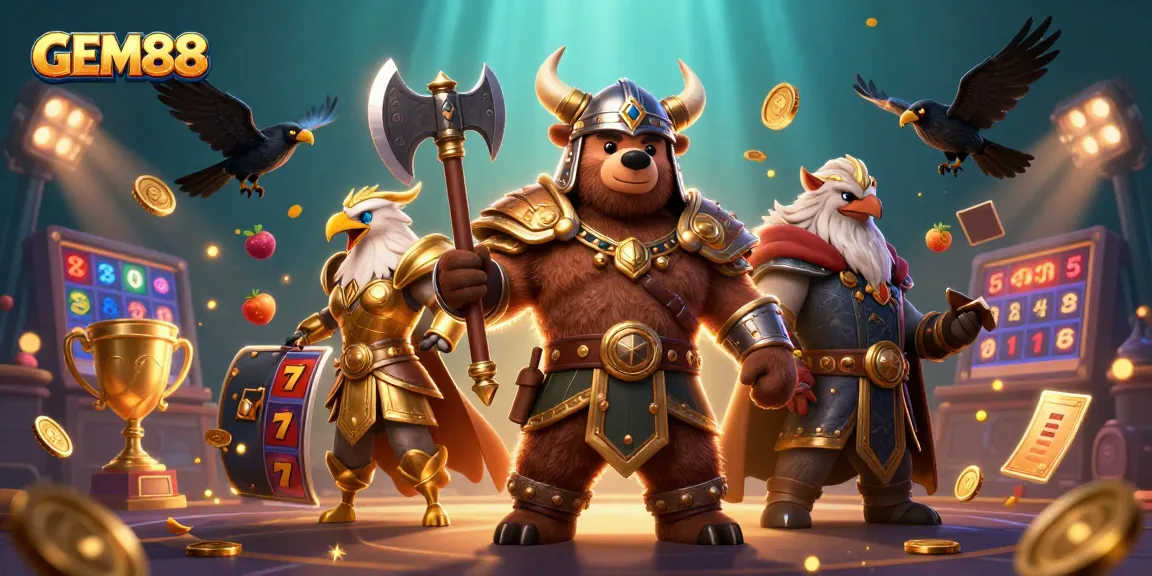 Experience the thrill of GEM88 slots with vibrant 3D characters and casino elements.