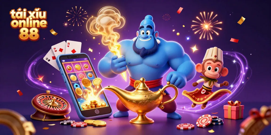 Experience the excitement of tài xỉu online 88 with a vibrant, magical illustration of casino fun.
