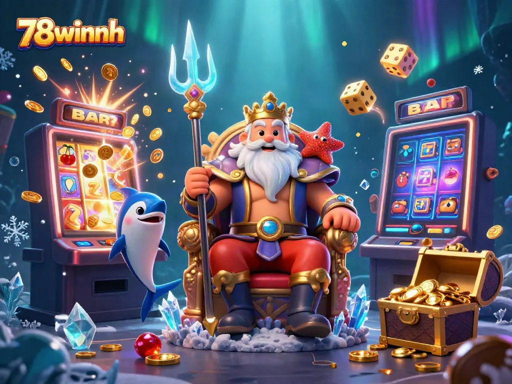 Experience the thrilling world of 78winnh with Neptune and samurai amidst exploding jackpots and vibrant casino symbols.