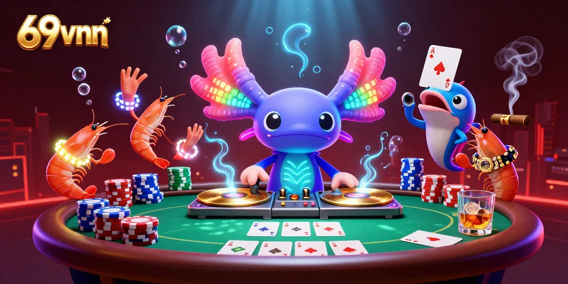 Experience thrilling gaming moments with 69vnn's vibrant casino scene featuring a unique axolotl DJ.