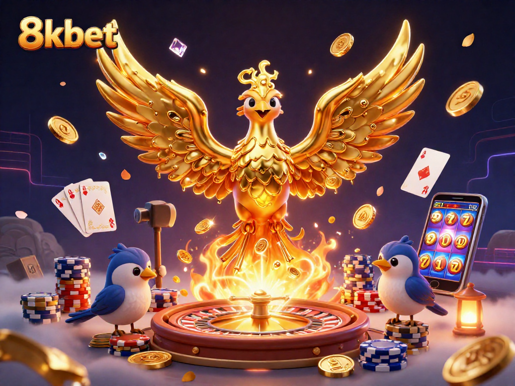 Experience the excitement of 8kbet with a golden phoenix and casino treasures.
