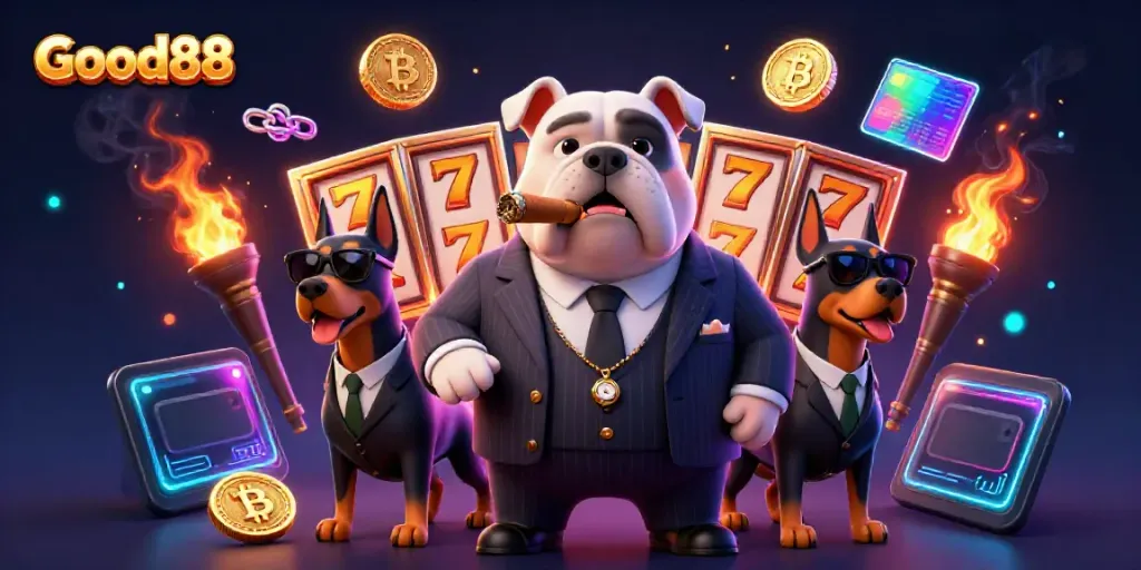 Good88 showcases a vibrant casino scene featuring a mafia bulldog alongside bodyguard Dobermans, amid lively slot game elements.