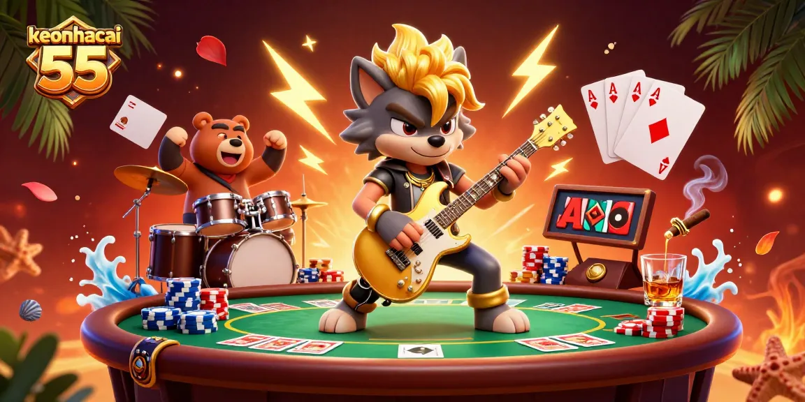 Bet on keonhacai 55 while enjoying a lively casino scene featuring a rock star wolf and drummer bear.