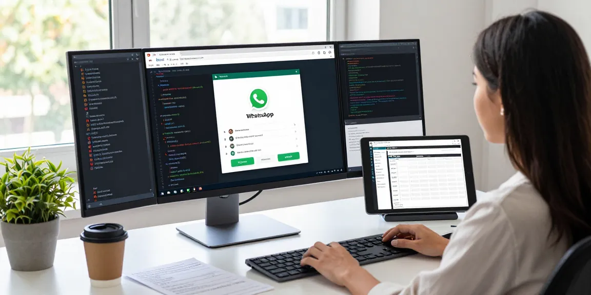 Focused workspace showcasing a young woman using WhatsApp網頁版 on a desktop, with multiple screens and productivity elements.
