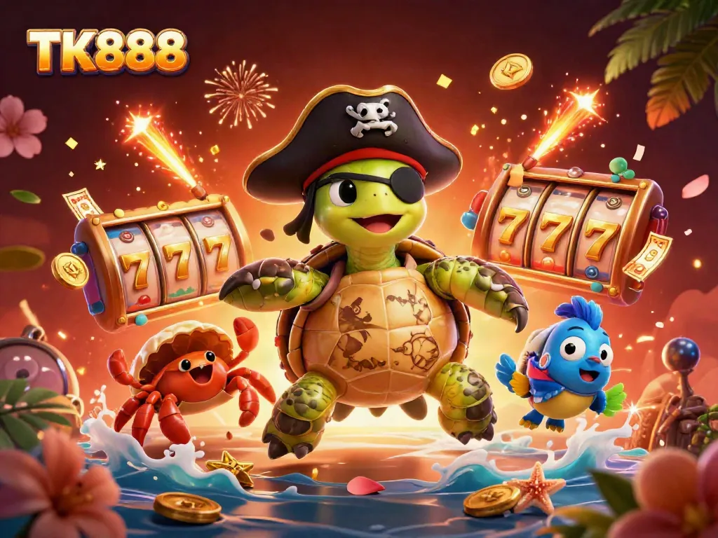 Engage with the vibrant atmosphere of TK888 as cartoon characters enjoy the thrill of spinning slot reels, capturing a casino experience.