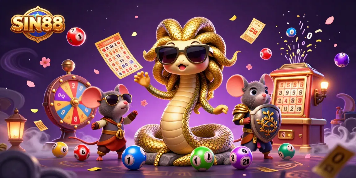 SIN88 online gambling scene showcasing a friendly Medusa and a warrior mouse with dynamic lottery elements.