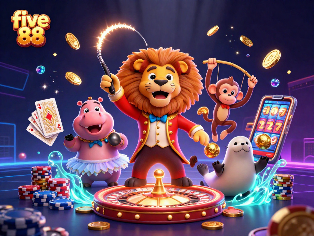 Experience winning at five 88 with captivating characters and rich casino elements in this vibrant illustration.