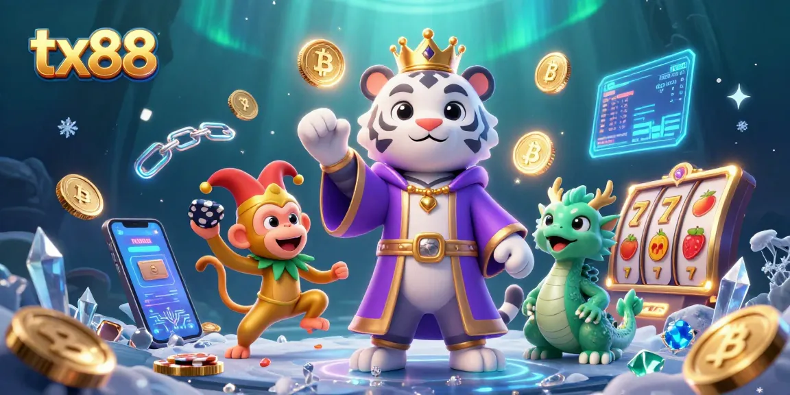 Join the tx88 casino world with lively characters, vibrant game elements, and a dynamic crypto theme.