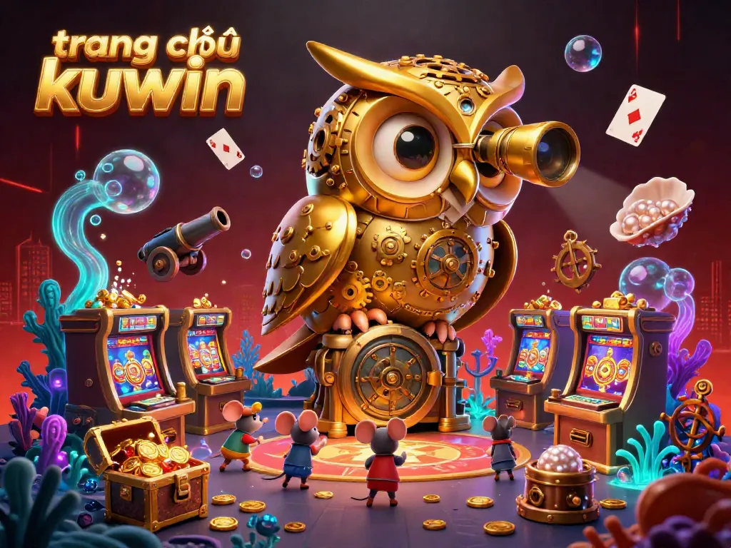 Explore the dynamic gaming scene at trang chủ kuwin showcasing the golden owl and vibrant casino elements.
