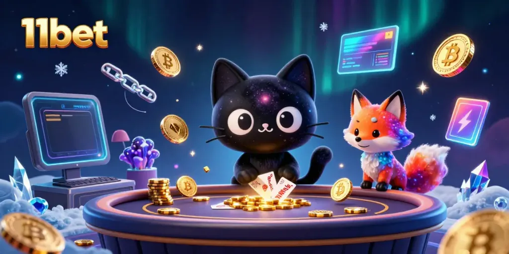 Win big with 11bet in this vibrant cosmic casino scene featuring a black hole cat and nebula fox!