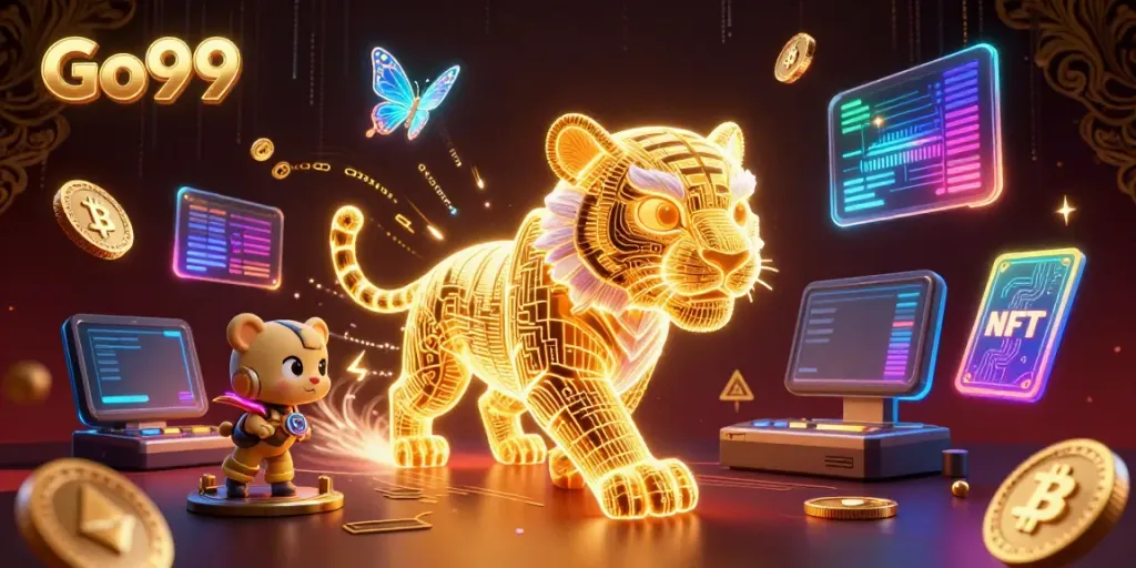 Engage in the digital casino experience at Go99 with neon-wireframe characters and vibrant crypto elements.