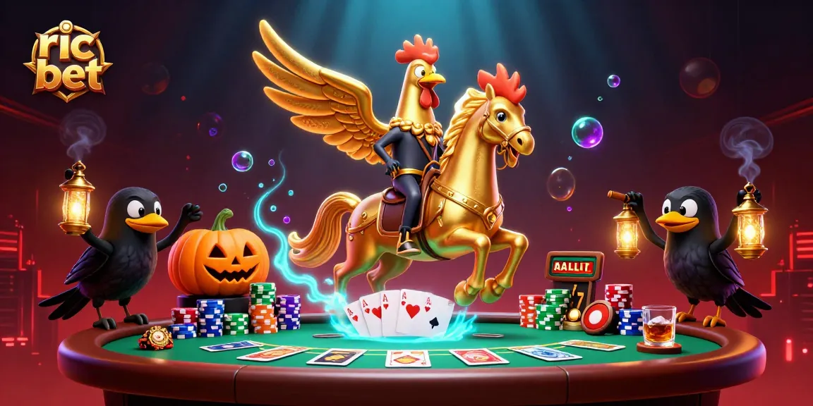 Experience thrilling moments at ric bet with a golden rooster and poker action in a vibrant casino.