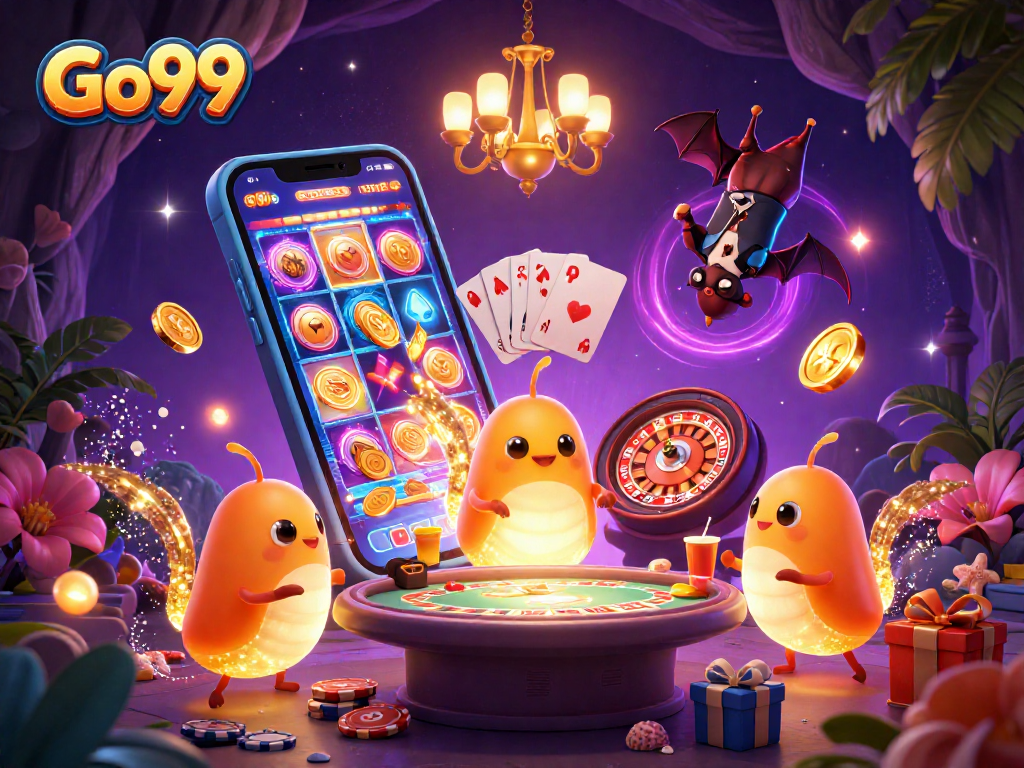 Experience exciting gameplay at Go99 with vibrant glowworm characters lighting the casino scene.