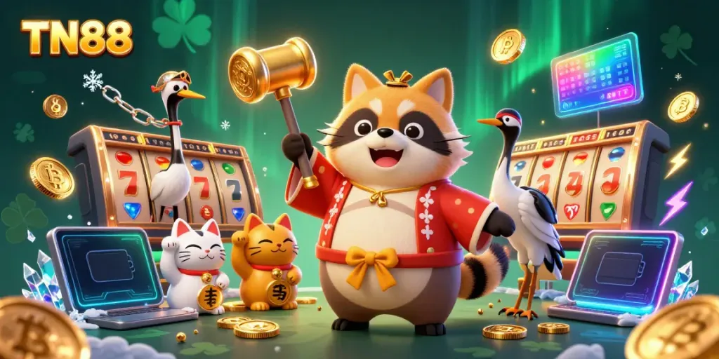 Experience thrilling TN88 casino action with a cheerful tanuki and vibrant game elements in 2026.