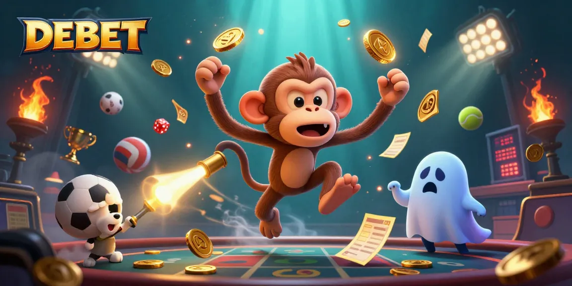 Experience DEBET at the haunted casino with a playful monkey juggling golden items amidst thrilling sports action.