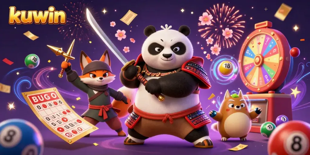 Kuwin's 3D cartoon scene featuring a samurai panda and ninja fox amid casino excitement