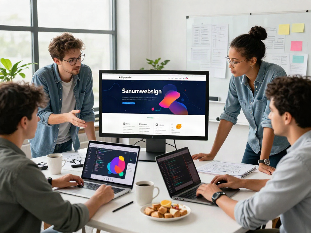 Samenwerking van het Sanumwebdesign-team in een moderne studio met ontwerpers en ontwikkelaars