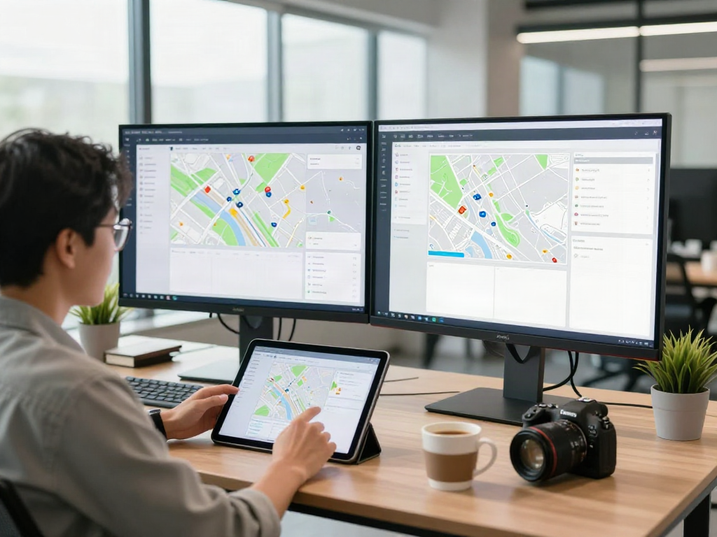 Dynamic professional analyzing GEO tracking tool data in a modern office.