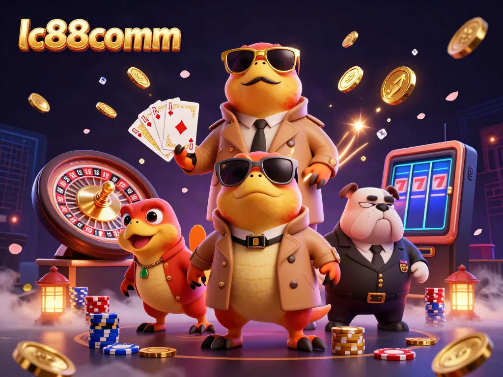 Play at lc88comm with thrilling features and a fun atmosphere, showcased by cartoon raptors and a suspicious bulldog.
