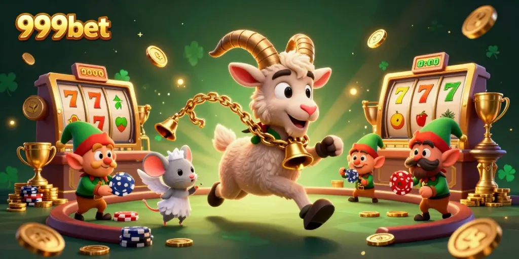 Experience thrilling action at 999bet with cartoon characters in a lively casino scene featuring slot games and festive elements.