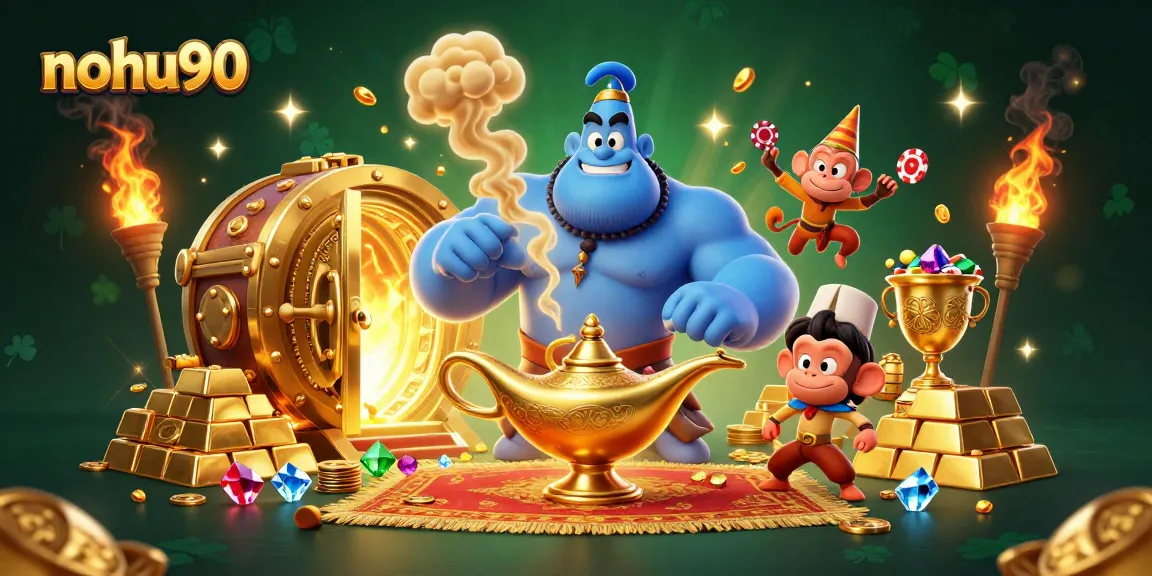 Nohu90 offers a vibrant casino scene with a blue genie and treasure elements, capturing excitement.