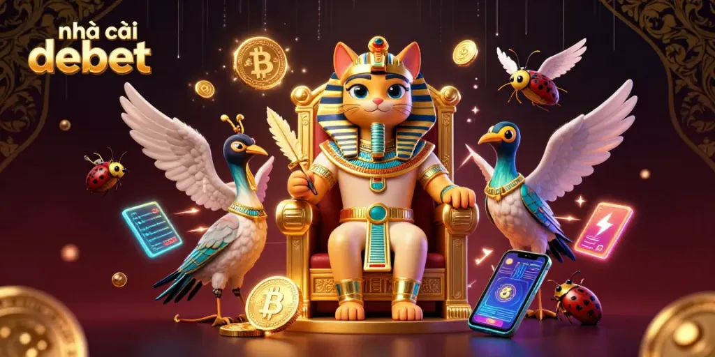 Engage with nhà cái debet in a vibrant virtual casino scene with Egyptian themes and crypto motifs.