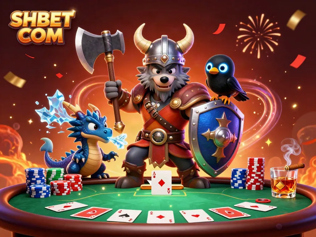 Experience the thrill of SHBET COM with Viking odds and poker excitement in a vibrant 3D scene.