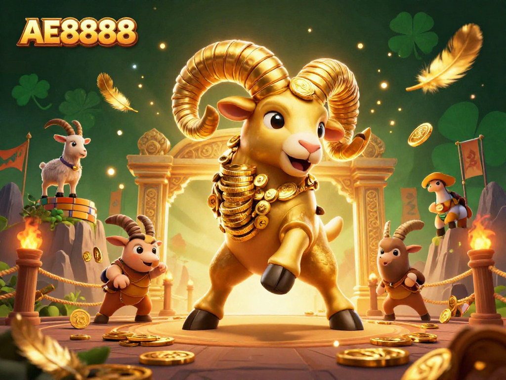 Engage with exciting AE8888 gameplay action featuring a golden ram amidst a vibrant casino scene