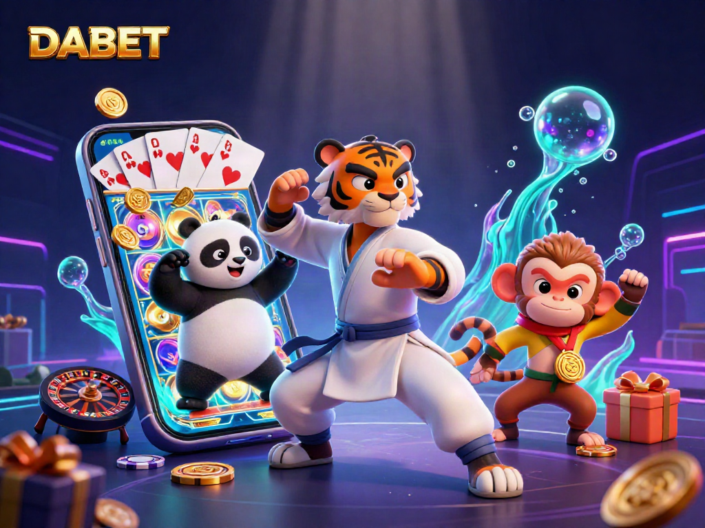 DABET showcases a thrilling scene of a tiger master, panda disciple, and monkey student amidst exciting casino elements.