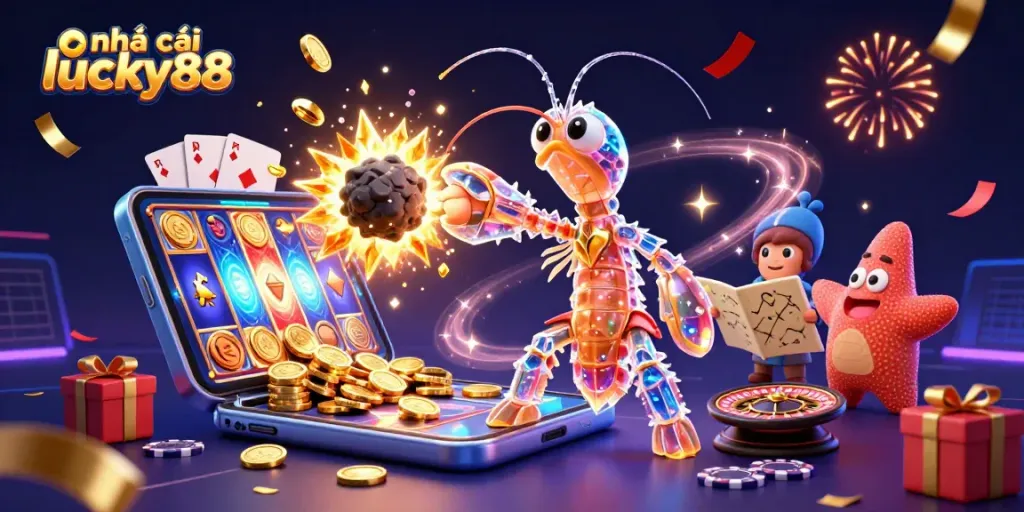 Dynamic scene illustrating nhà cái lucky88 with a galactic samurai shrimp and starfish amidst exciting casino elements.