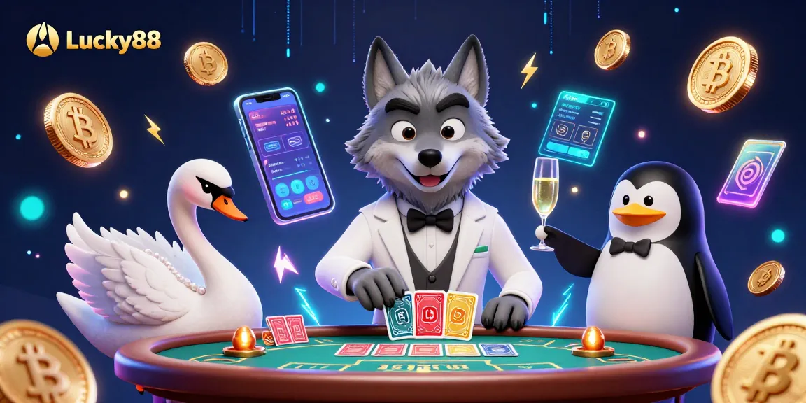 Experience thrilling gameplay with Lucky88 at a vibrant casino scene featuring dynamic characters and cryptocurrency elements.
